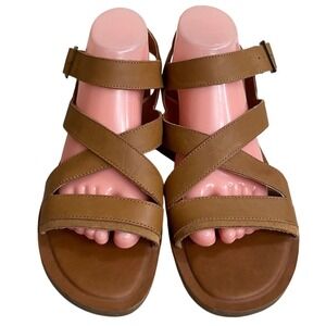 TOMS Sicily Tan Leather Strappy Flat Sandals Buckle Ankle Strap Womens 9.5